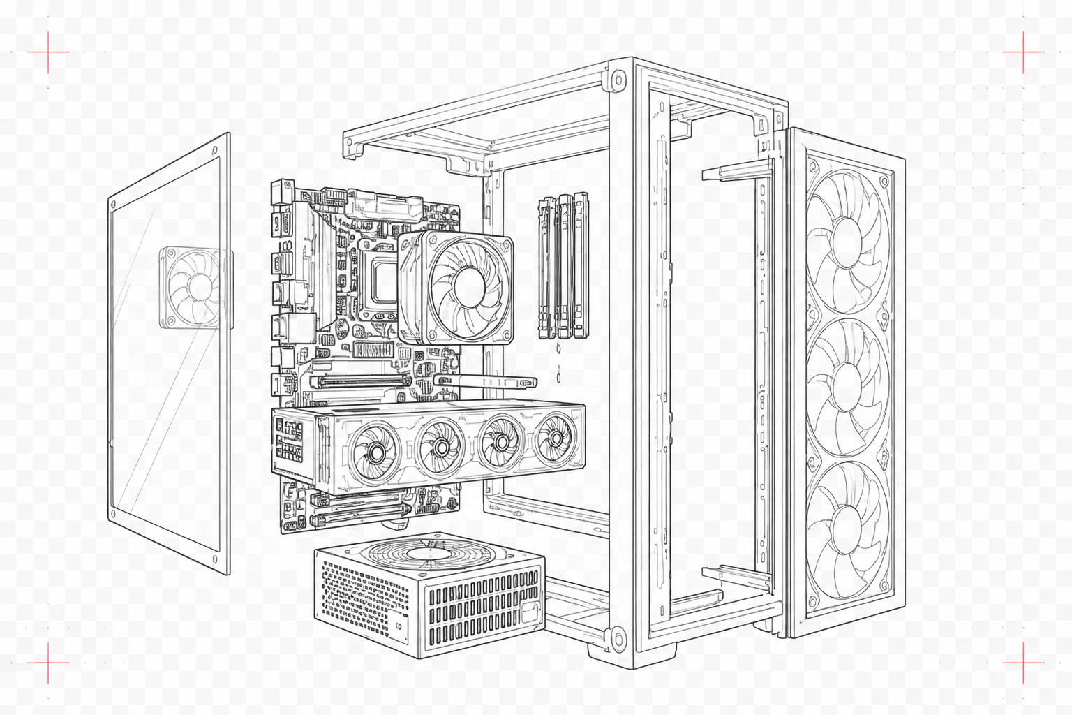 Exploded view υπολογιστή για επαγγελματική συναρμολόγηση PC